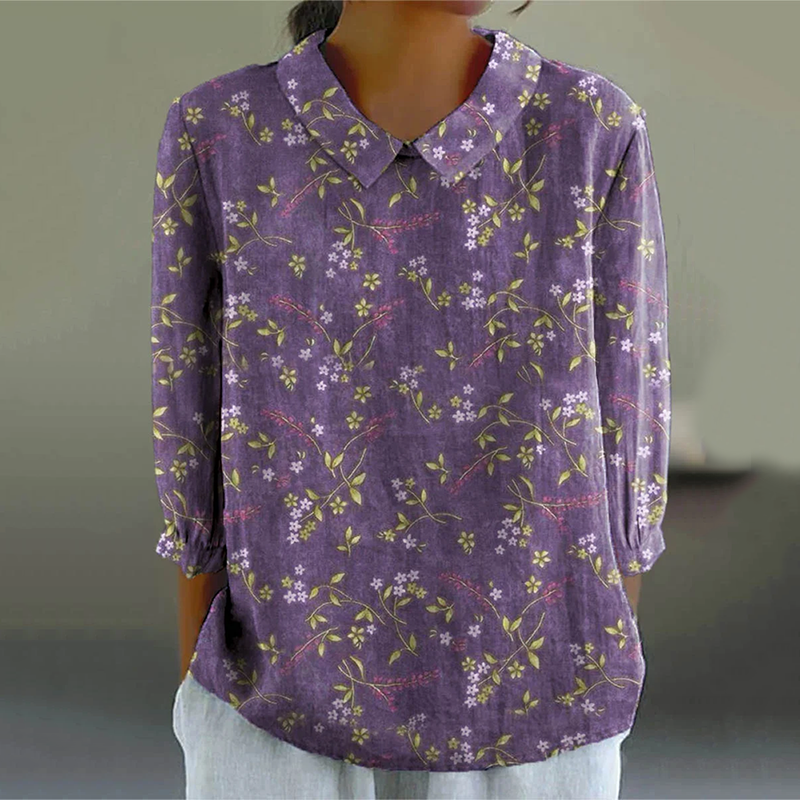 Women's Vintage Tranquil Spring Lovely Floral Art Print Design Lapel Shirt elevenforest