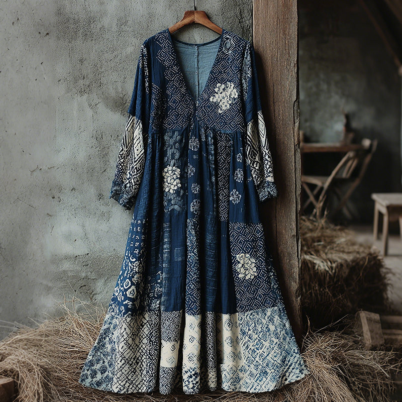 Women's Traditional Japanese Sashiko Art V-neck Dress elevenforest