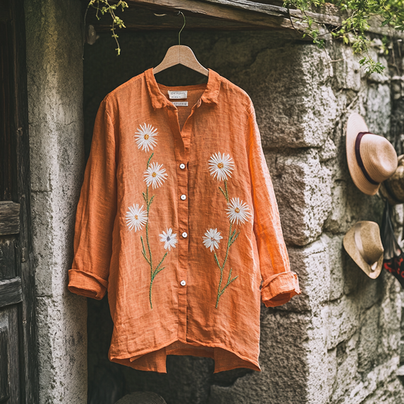 Bohemian Holiday Style Linen Floral Print Long Sleeve Shirt elevenforest