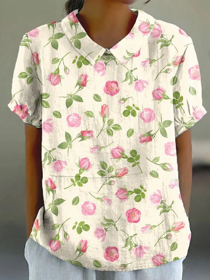 Women's Casual Lapel Short Sleeve Floral Print Top