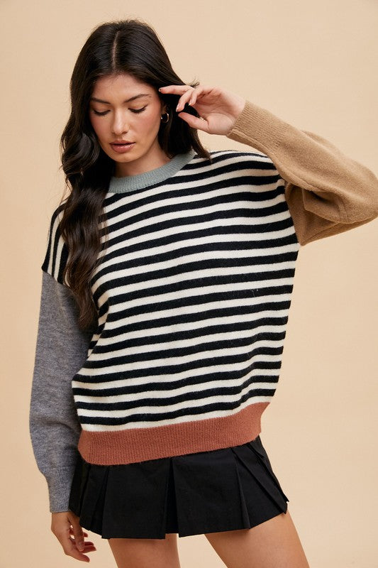 Margot® | Striped color block crew neck sweater