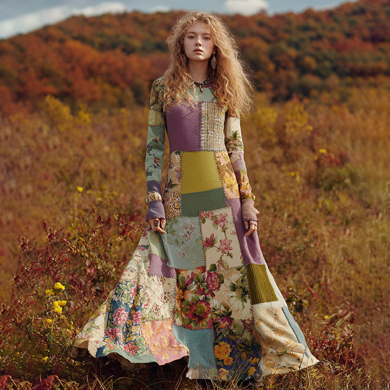 Women's Retro Floral Patchwork Art Cozy Knit Maxi Sweater Dress elevenforest