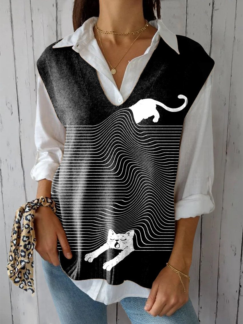 Women's Funny Cat Art Print Versatile Knitted Vest