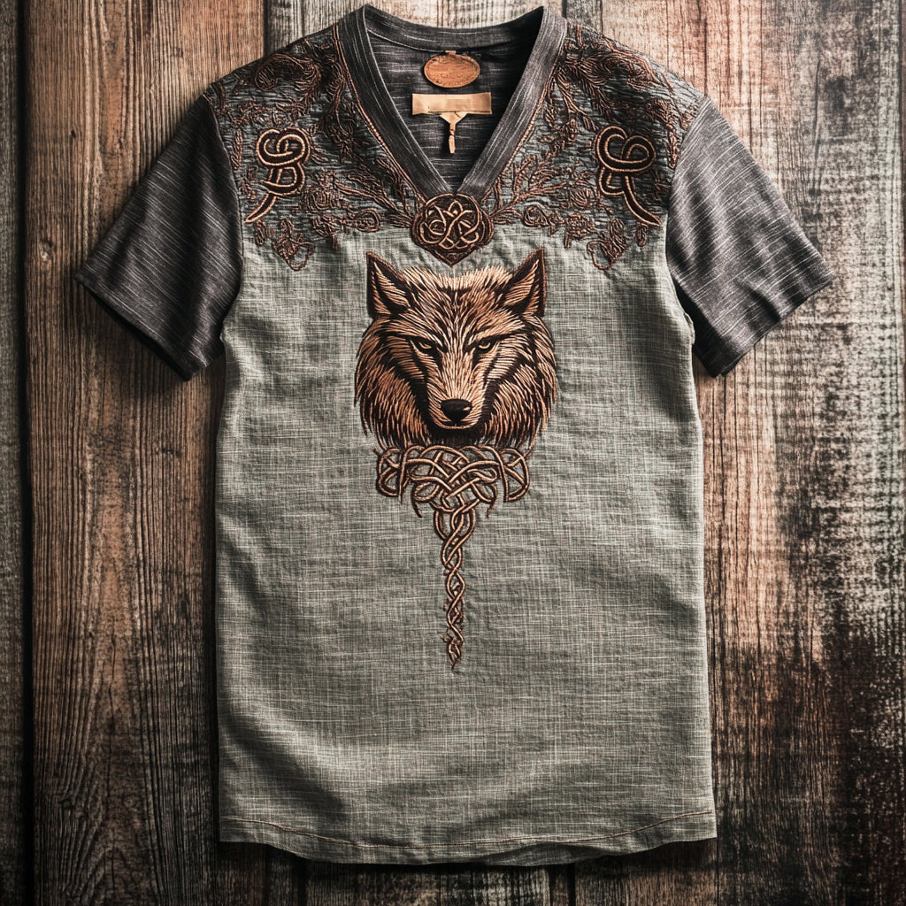 Men's Viking Celtic Wolf Embroidery V Neck Linen T Shirt elevenforest