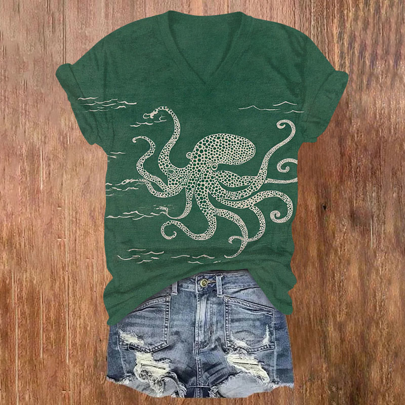 Comstylish Vintage Funny Octopus Print Short Sleeved V-neck T-shirt