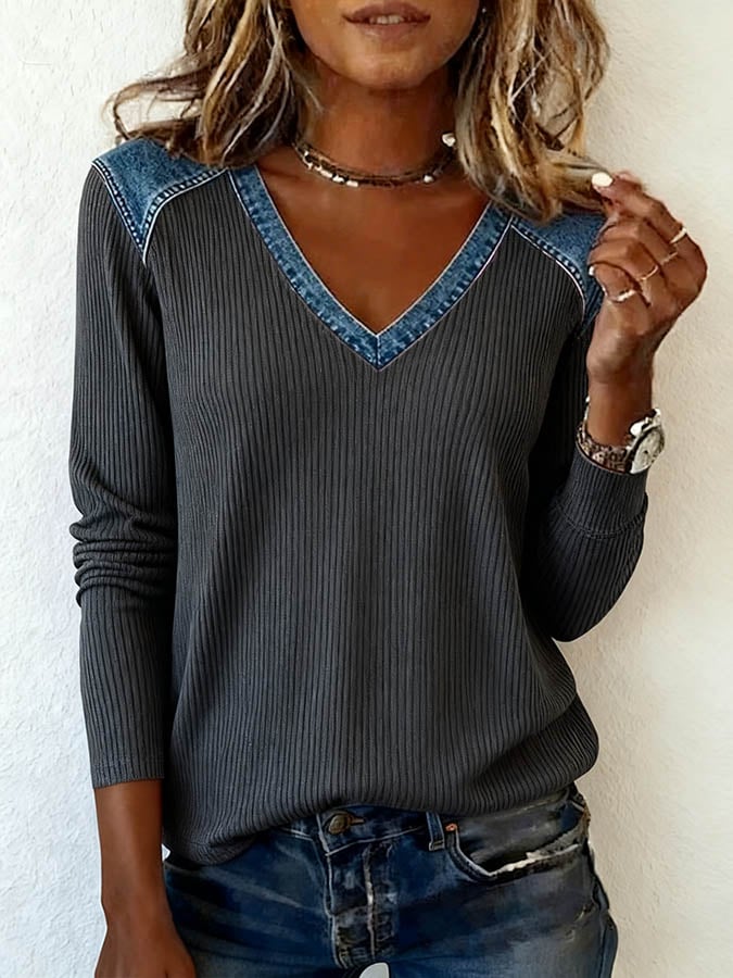 Women'S Casual Loose Patchwork V-Neck Top