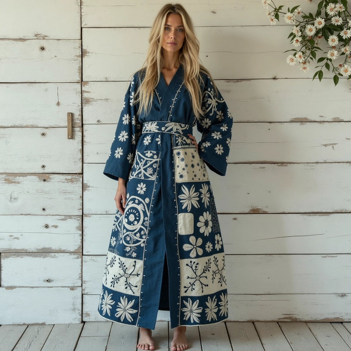 Women's Japanese Traditional Sashiko Art Linen V-neck Robe elevenforest