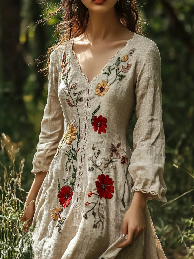 Vintage Forest Floral Embroidery Art Women's Linen Flowy Maxi Dress elevenforest