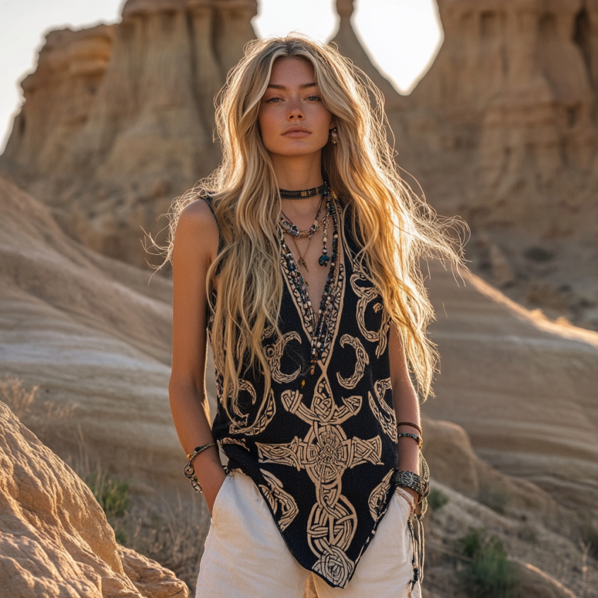 Women's Viking Tribal With Celtic Knot Pattern Art Linen Sleeveless Top elevenforest