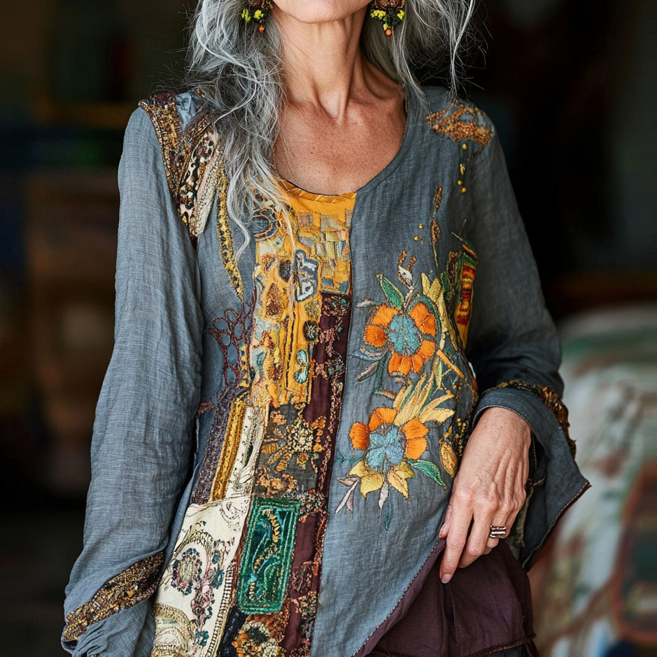 Vintage Tribal Patchwork Art Floral Embroidery Linen Blend Women's Tops elevenforest