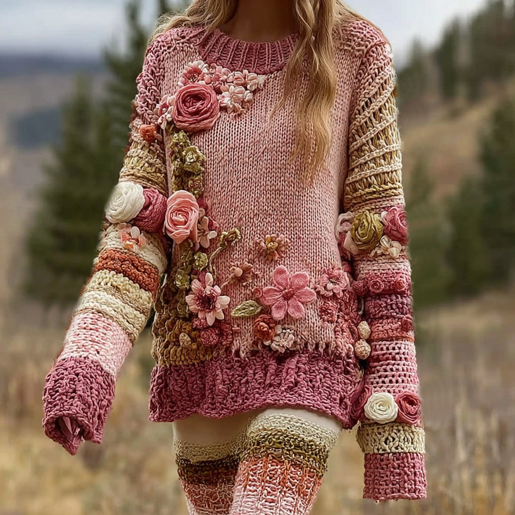 Women's Retro Color Block Rose Floral Art Cozy Crew Neck Sweater elevenforest