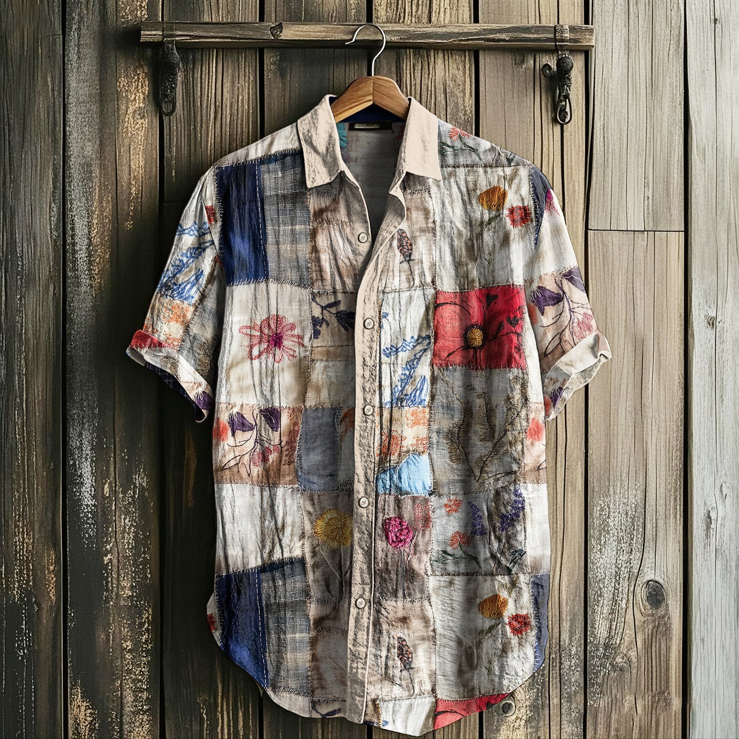 Men's Retro Floral Patchwork Art Linen Shirt elevenforest