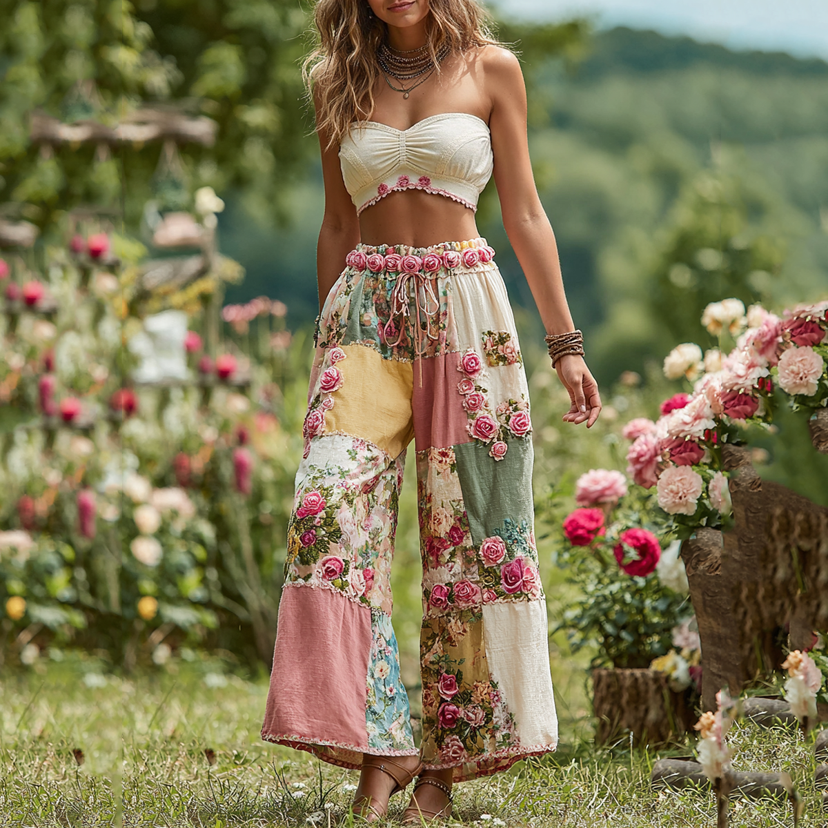 Women's Rose Floral Patchwork Waist Elastic Pocket Pants elevenforest