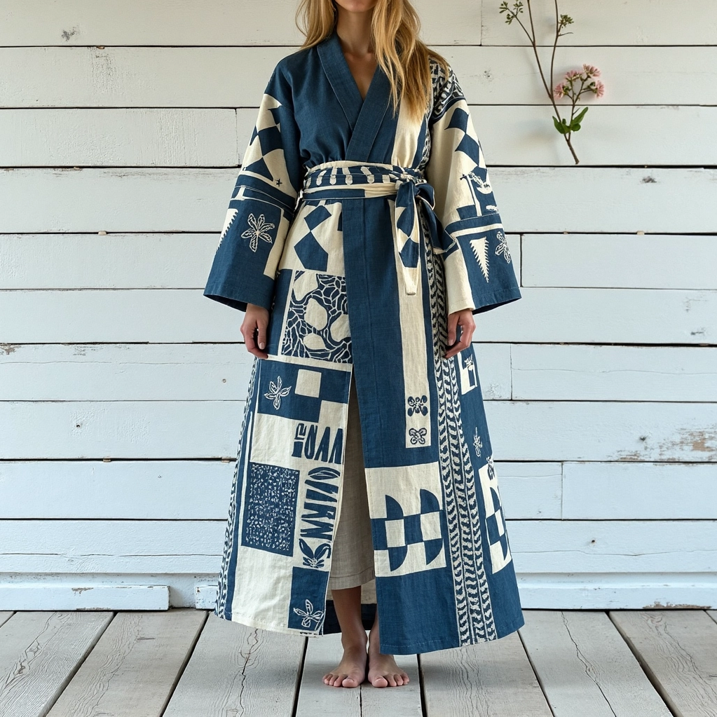 Women's Vintage Japanese Traditional Sashiko Art Linen V-neck Robe elevenforest