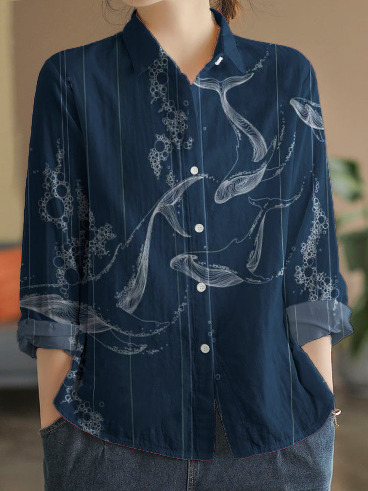 Comstylish Dreamy Ocean Whales Art Linen Blend Blouse