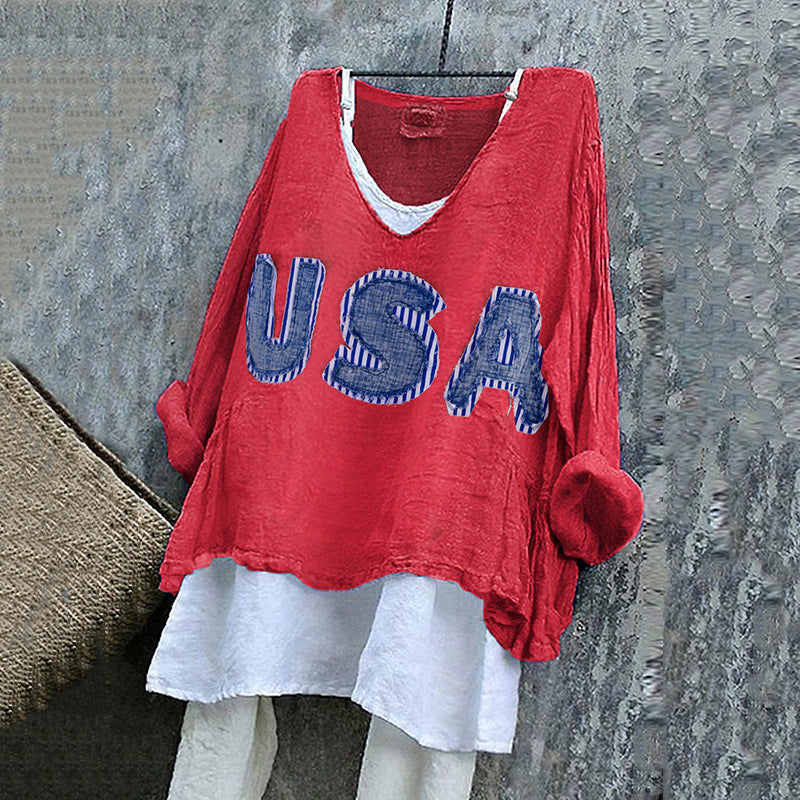 Comstylish Women's Usa Stripe Applique Art Linen V-neck Shirt