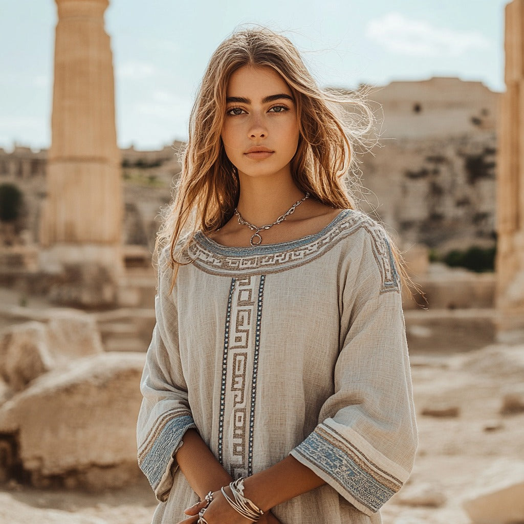 Retro Greek Key Linen Blend Crew Neck T-shirt elevenforest