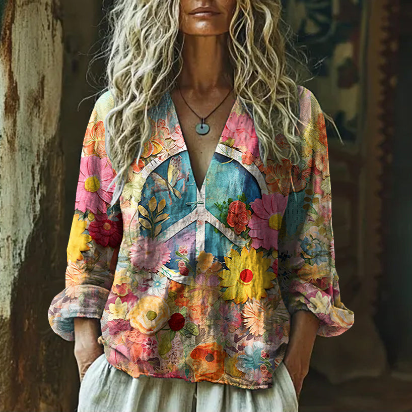 Vintage Hippie Vibe Peace And Love Hippie Floral Painting Art Linen V Neck Long Sleeve Shirt elevenforest