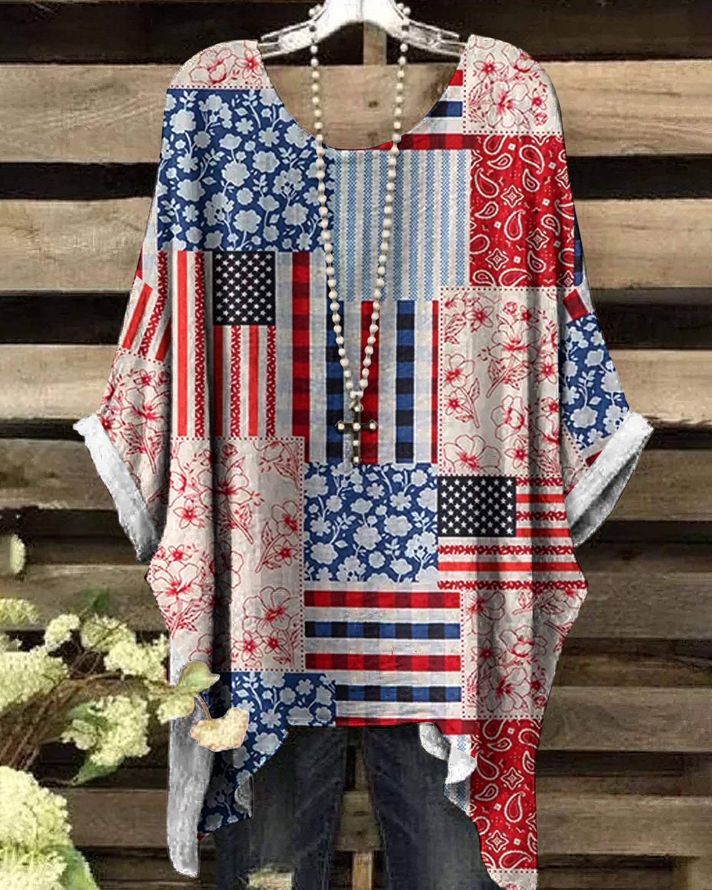 Vintage Independence Day American Flag Patch Floral & Paisley Art Irregular Shirt elevenforest