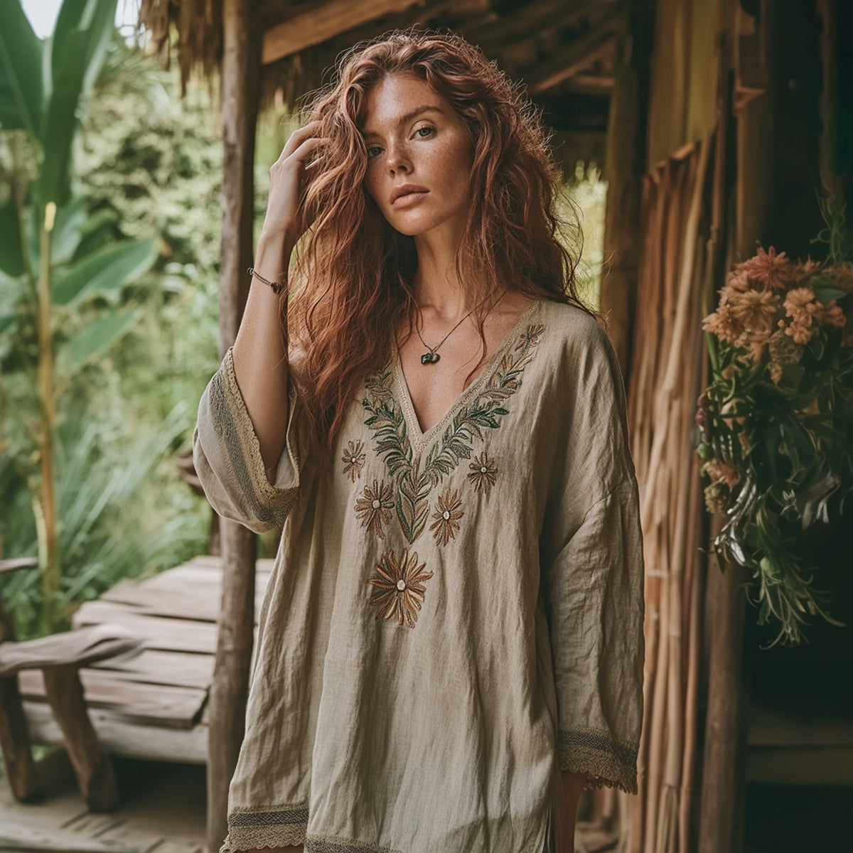 Retro Floral Tribal Embroidery Art Linen Blend Loose Blouse elevenforest