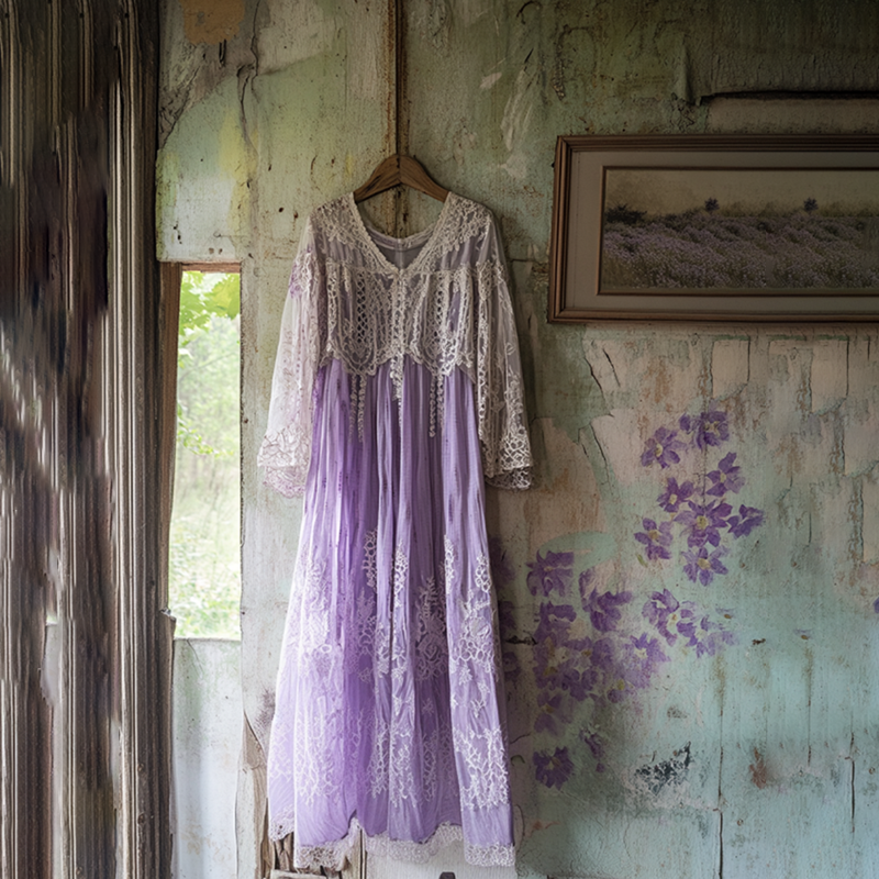 Vintage Lavender Gradient Lace Art Linen V Neck Maxi Dress elevenforest