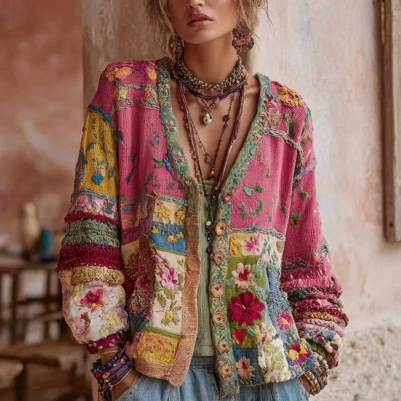 Women's Vintage Bohemian Floral Embroidery Patchwork Art V Neck Cardigan Sweater elevenforest