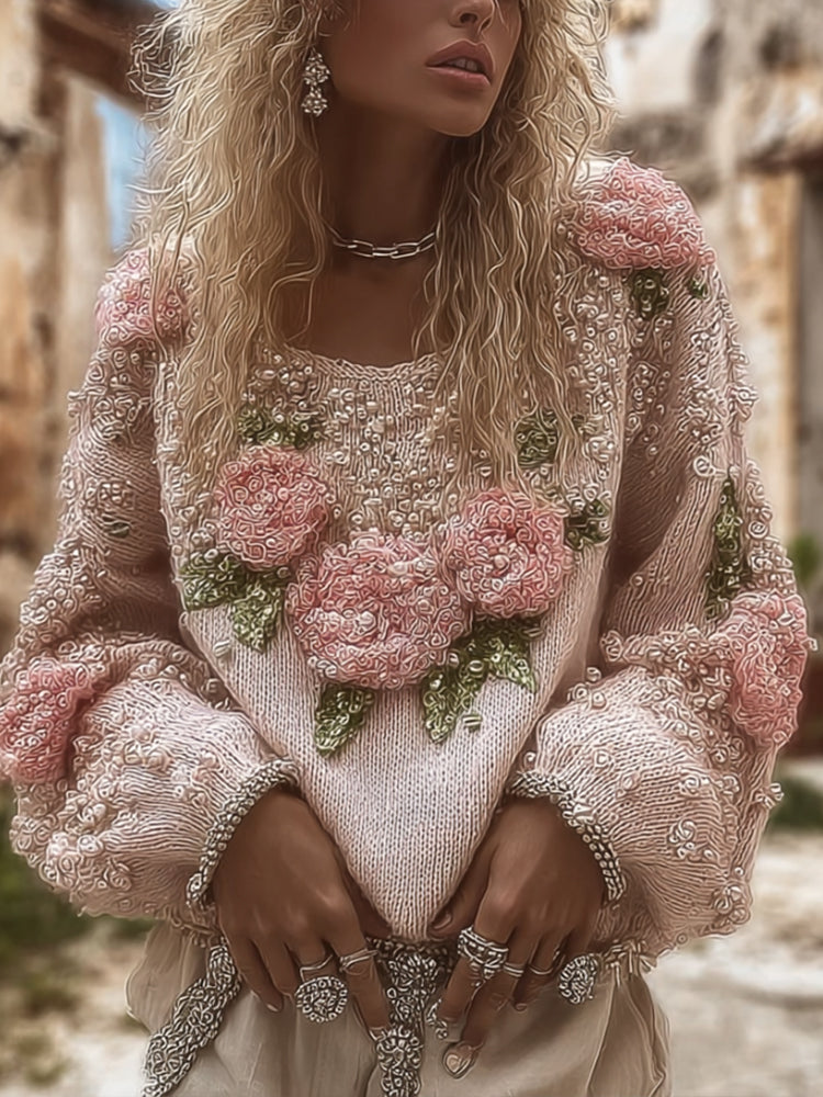 Women's Vintage Floral Round-neck Long-sleeved Warm And Thick Sweater elevenforest