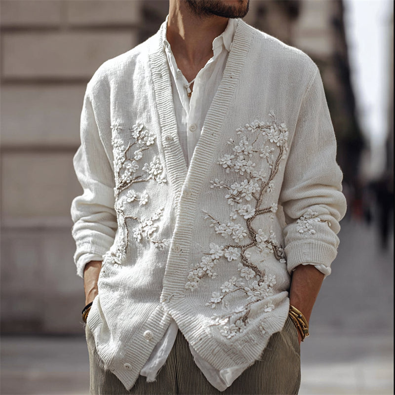 Men's Japanese Almond Blossom Comfy Knit Cardigan elevenforest