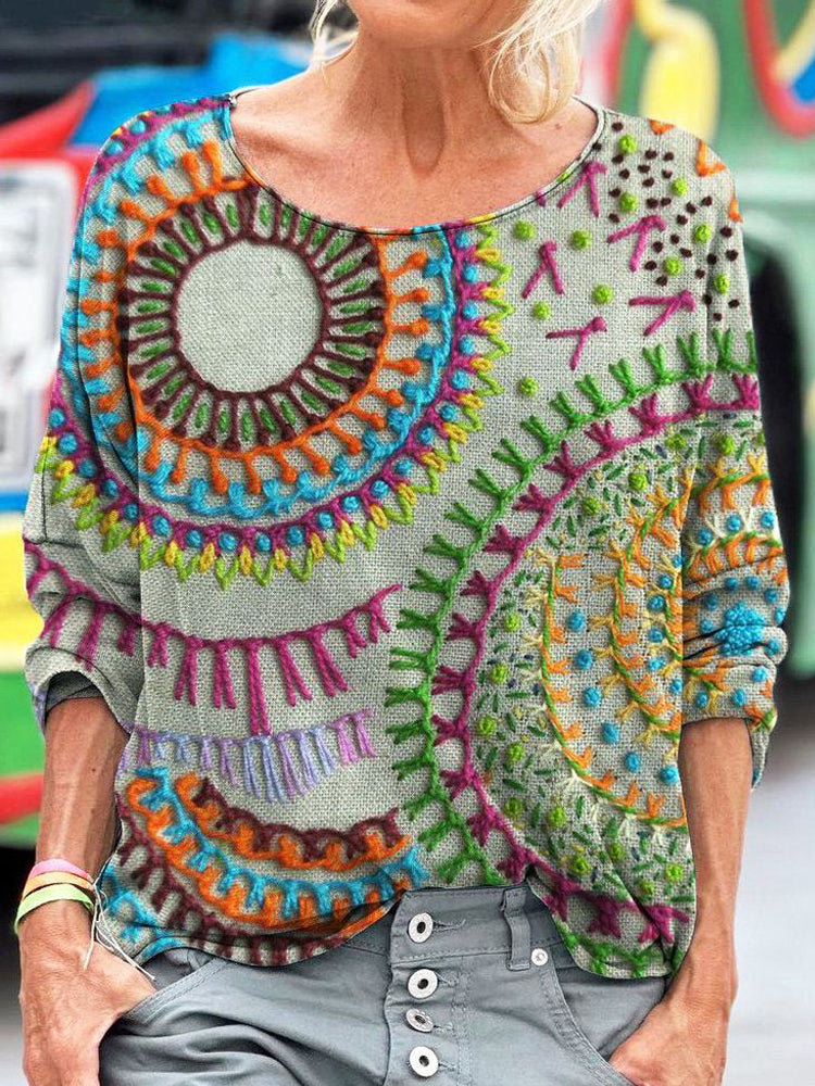 Floral Stitch Embroidery Pattern Women's Linen Long Sleeve T-shirt elevenforest