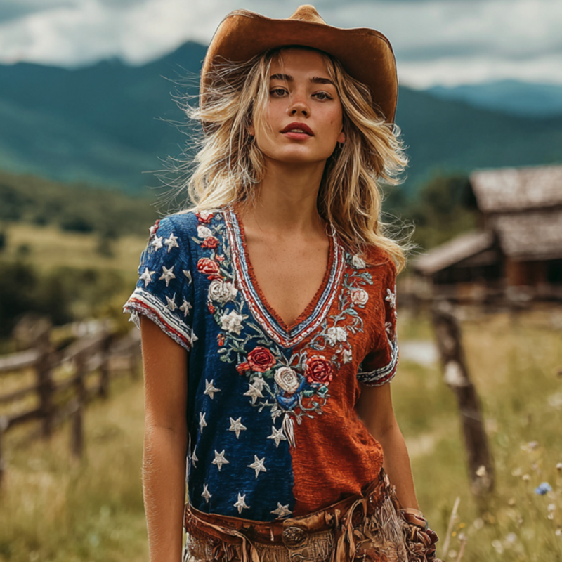 Women's Vintage American Western Country Style Floral Embroidered Linen Blend V-neck T-shirt elevenforest