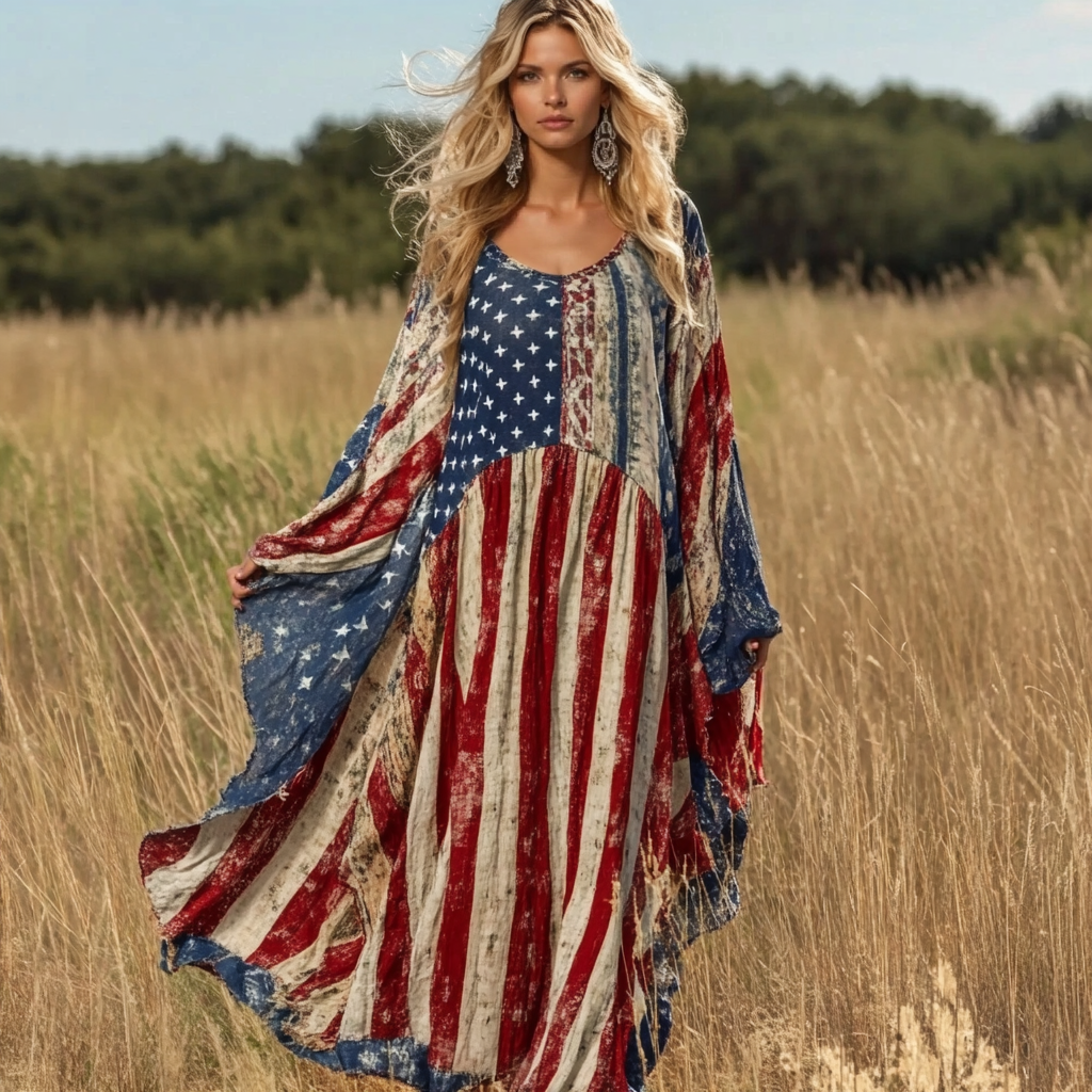 Nomad Spirit Ladies' Independence Day American Flag Art Linen Long Kaftan Dress elevenforest