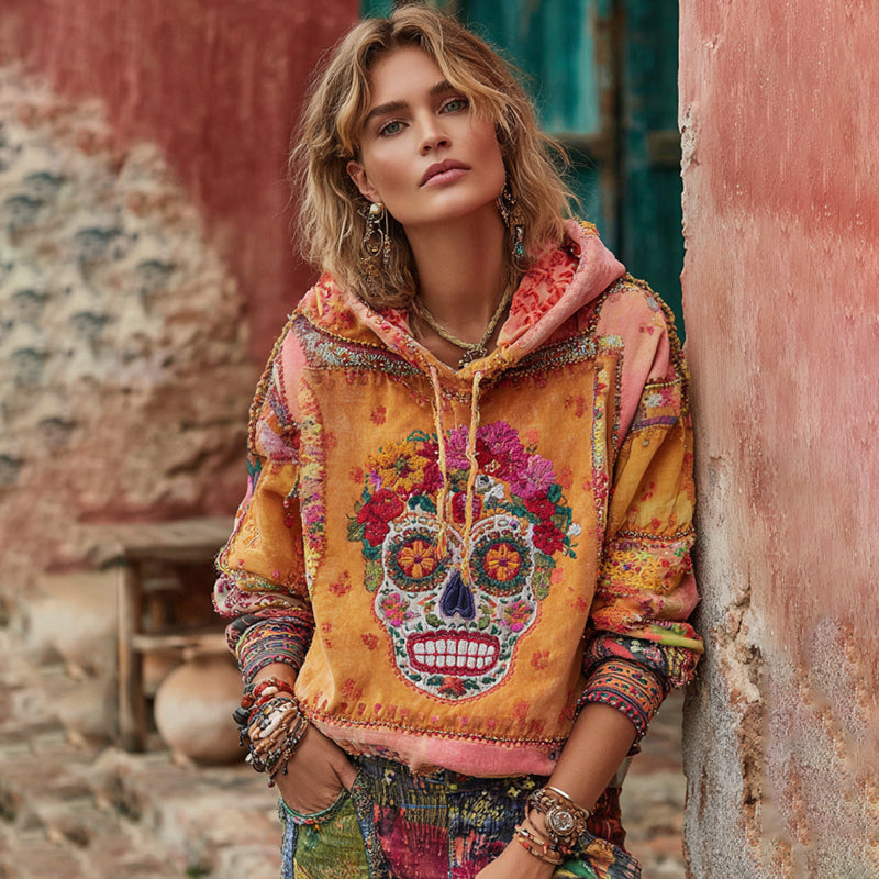 Women's Classic Mexican Sugar Skeleton Catrina Day Of The Dead Inspired Painting Embroidered Casual Linen V Neck Long Sleeve T-shirt elevenforest
