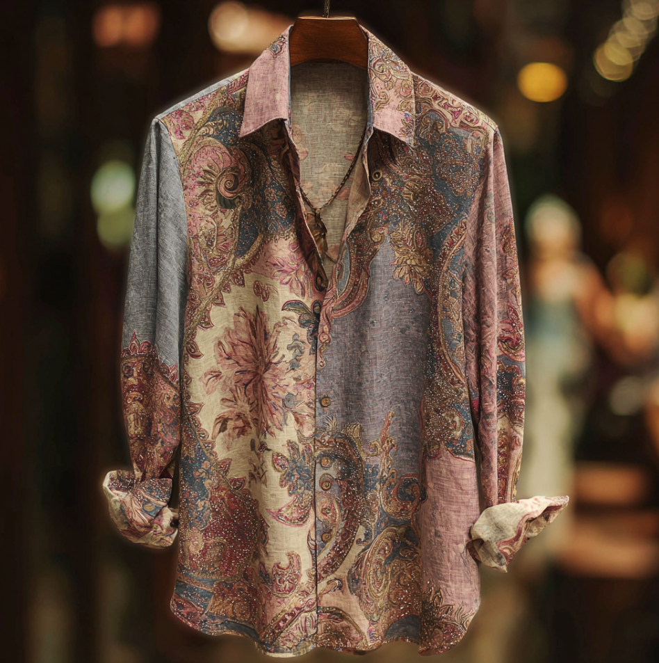 Bohemian Style Plant And Flower Pattern Men's Retro Cotton And Linen Shirt elevenforest