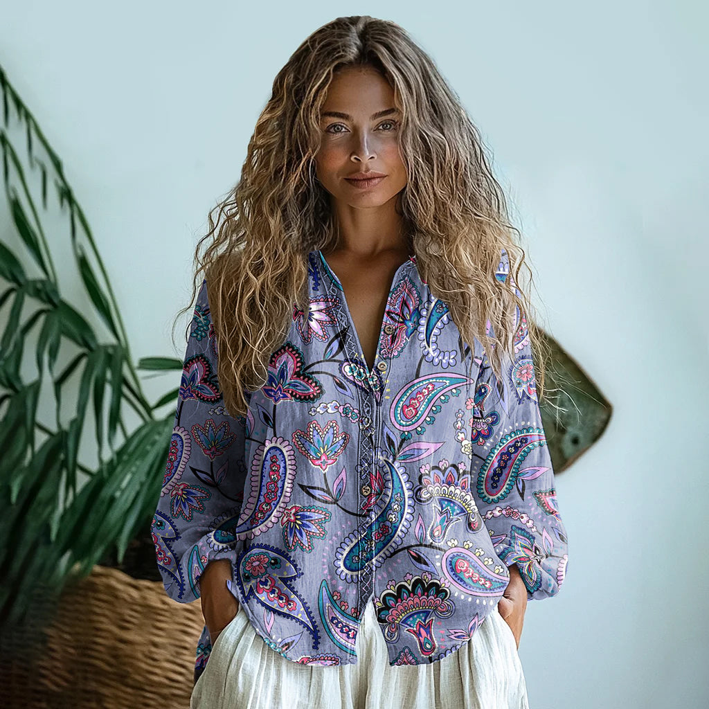 Bohemian Style Paisley Linen Print Long Sleeve Shirt elevenforest
