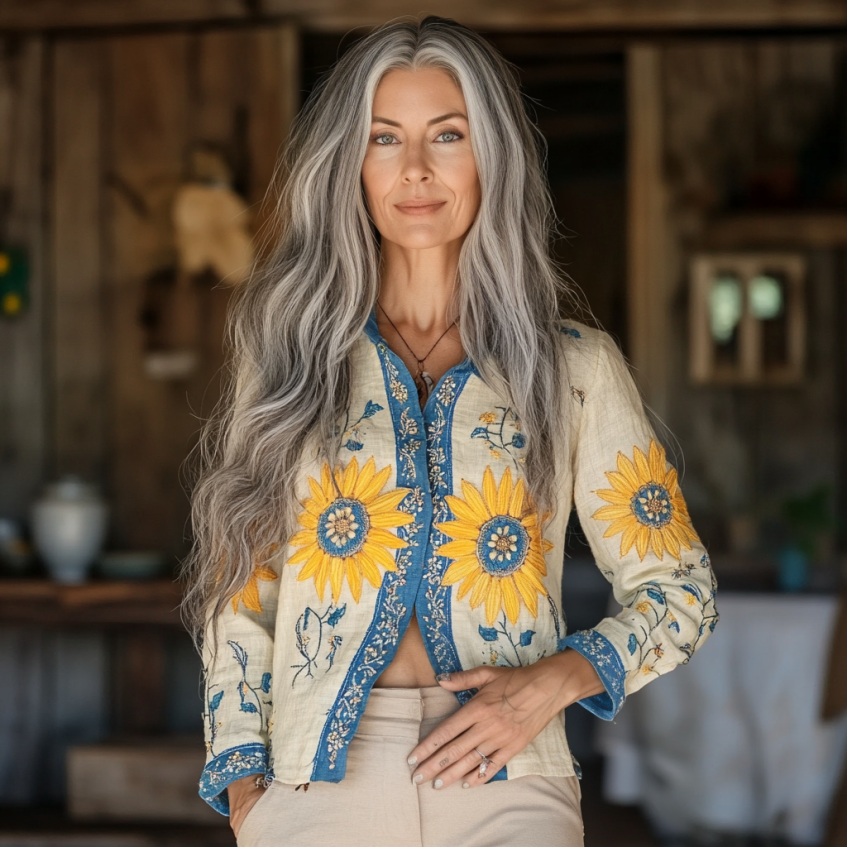 Bohemian Linen Floral Ukraine Sunflower Gradient Art Print Long Sleeve Shirt elevenforest
