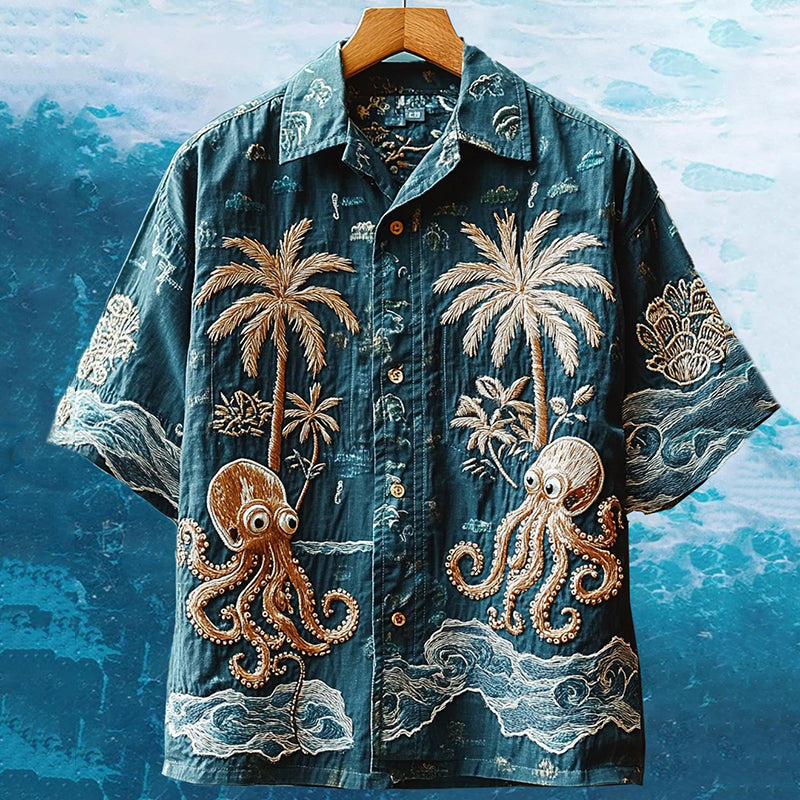 Men's Embroidered Ocean Octopus Hawaiian Summer Vacation Shirt elevenforest