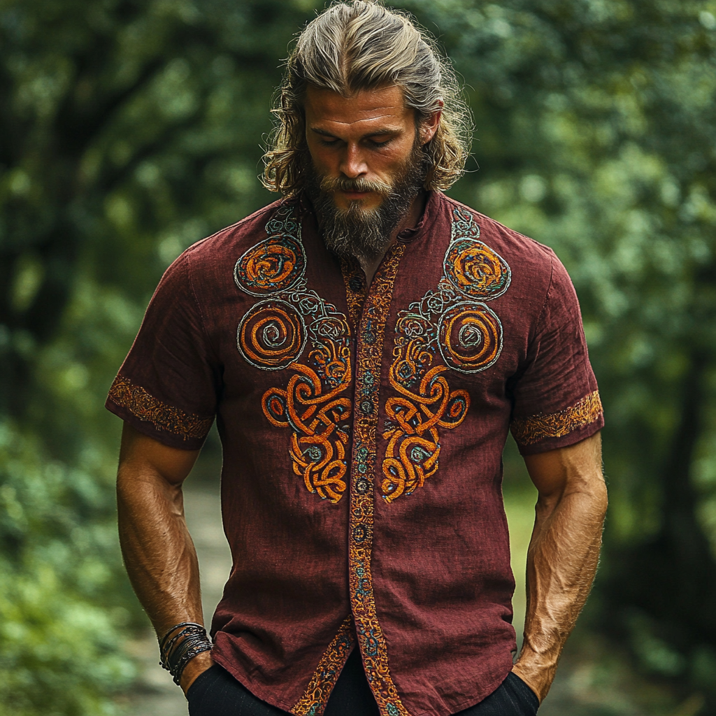 Men's Vintage Viking Print Short Sleeve Shirt elevenforest