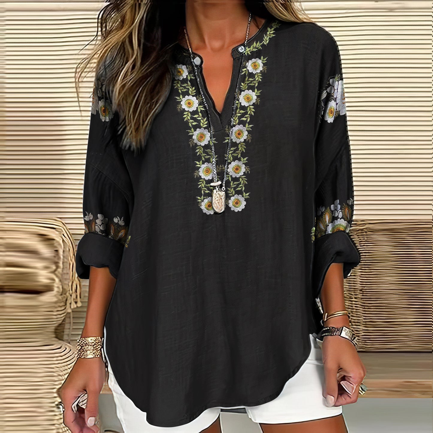 Vintage Ethnic Floral Linen V-neck Long Sleeve Shirt elevenforest