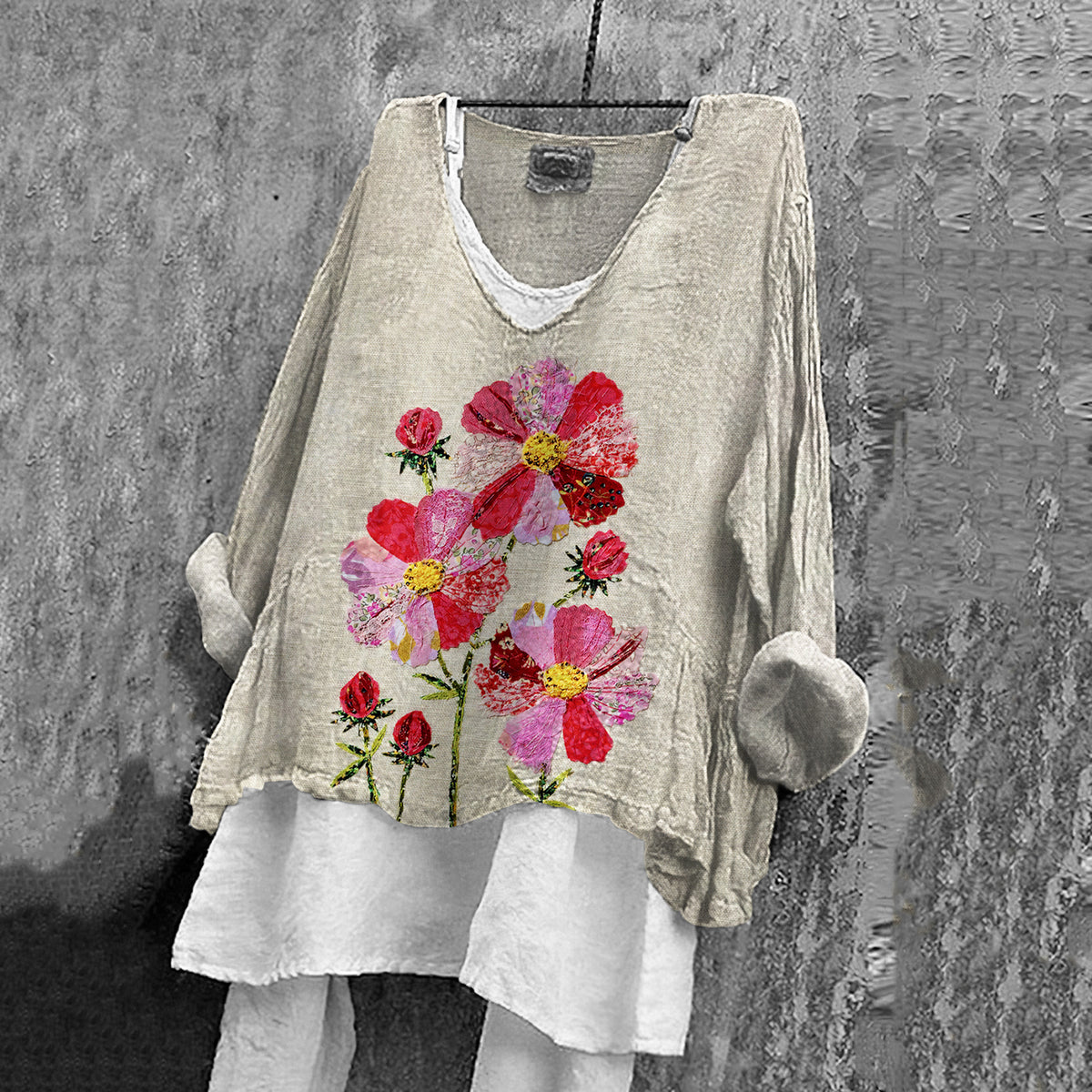 Comstylish Women's Vintage Flower Embroidery Art Linen T-shirt