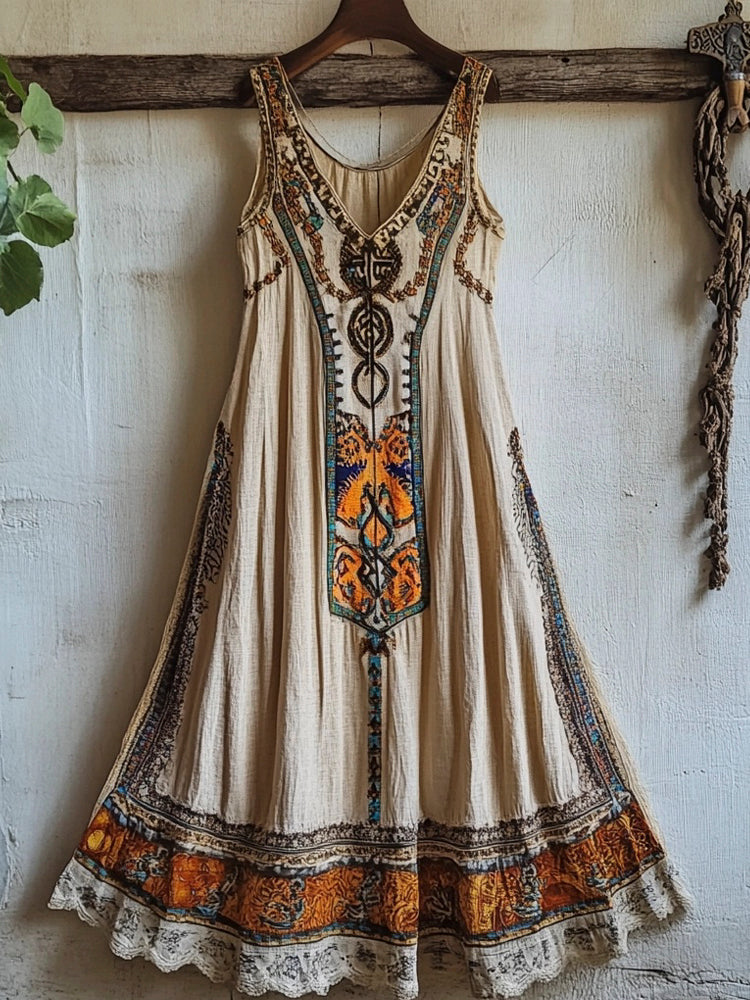 Vintage Bohemian Floral Linen Tank Dress elevenforest