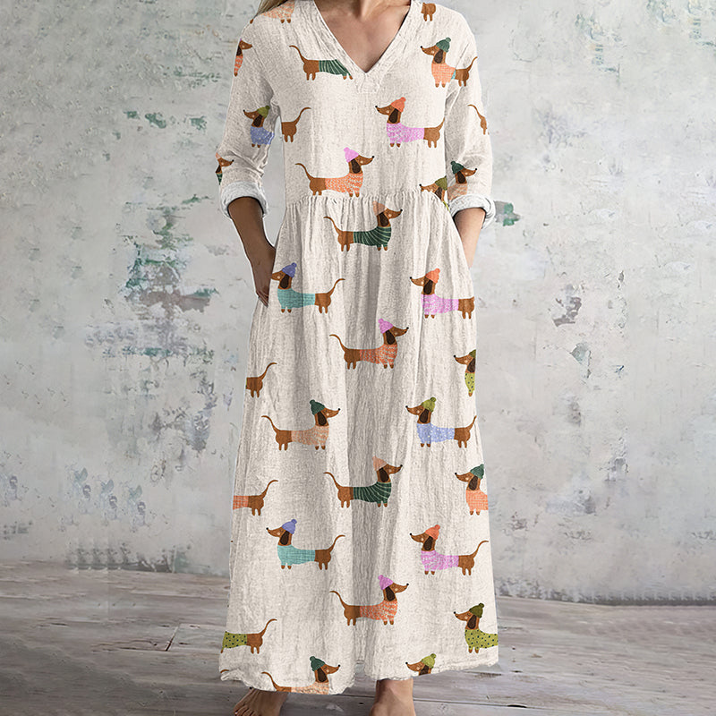 Comstylish Retro Cute Dachshund Dog Art Women's Linen Dress