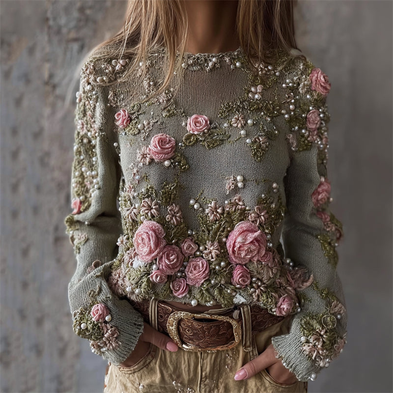 Vintage Pink Roses Pearls Embroidered Cozy Knit Sweater elevenforest