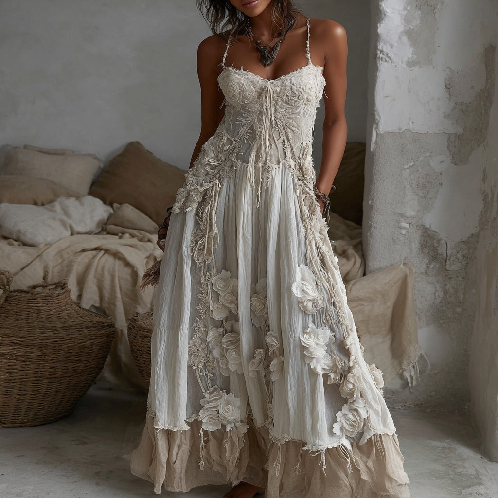 Women's White Rose Embroidery Sleeveless Dress elevenforest