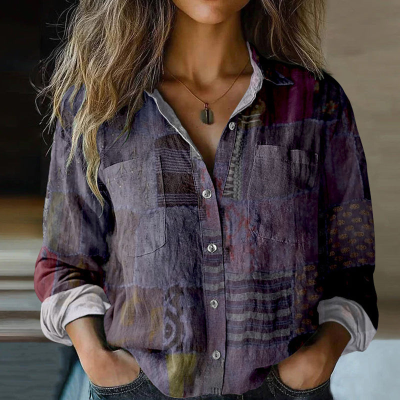 Bohemian Style Floral Patchwork Linen Print Long Sleeve Shirt elevenforest