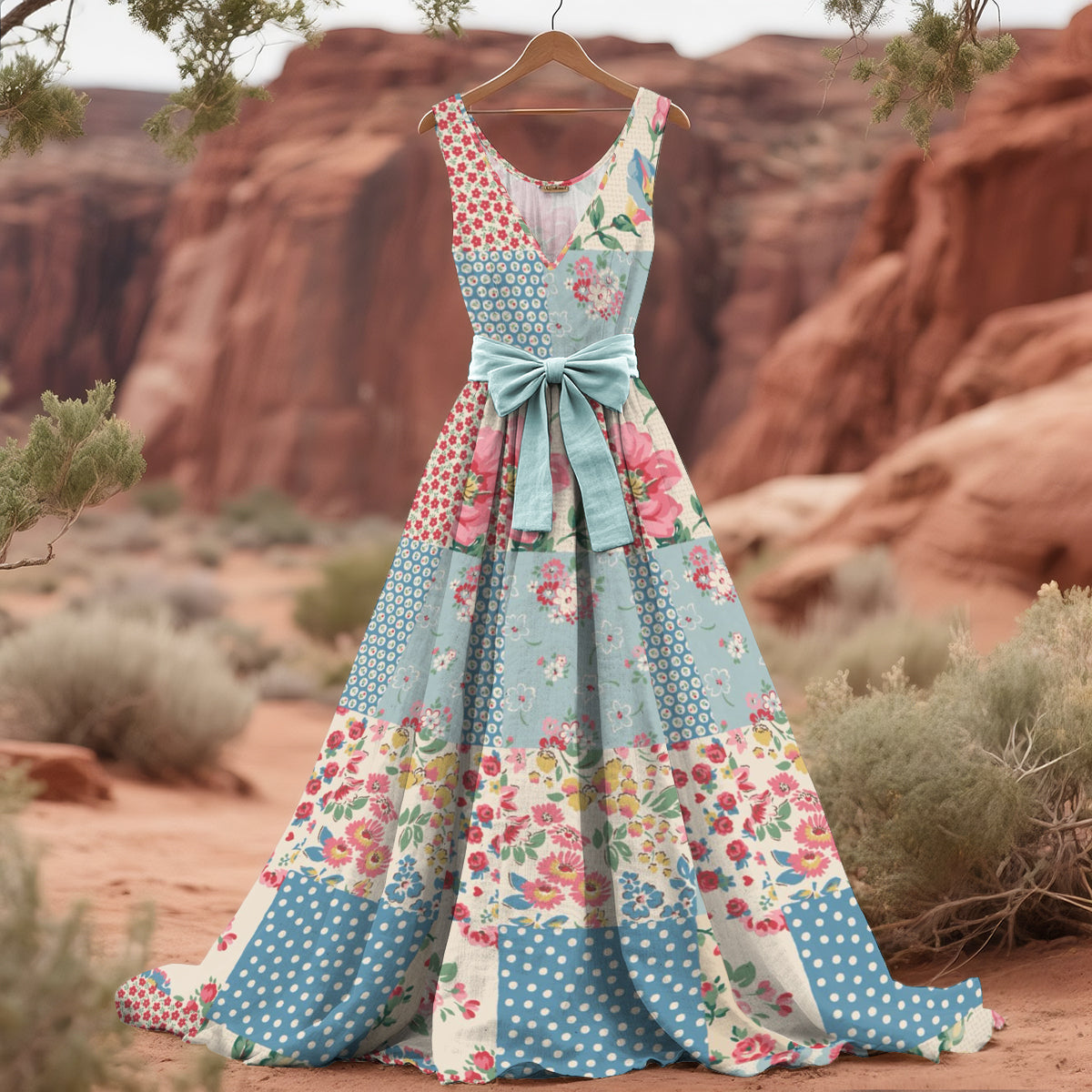 Women's Vintage Floral Patchwork Art Linen Tank Midi Dress(belt Not Included) elevenforest