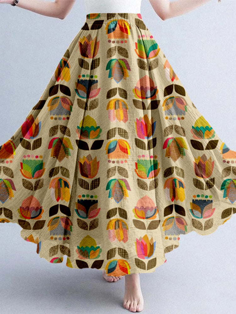 Retro Color Block Flowers Abstract Art Linen Blend Skirt elevenforest