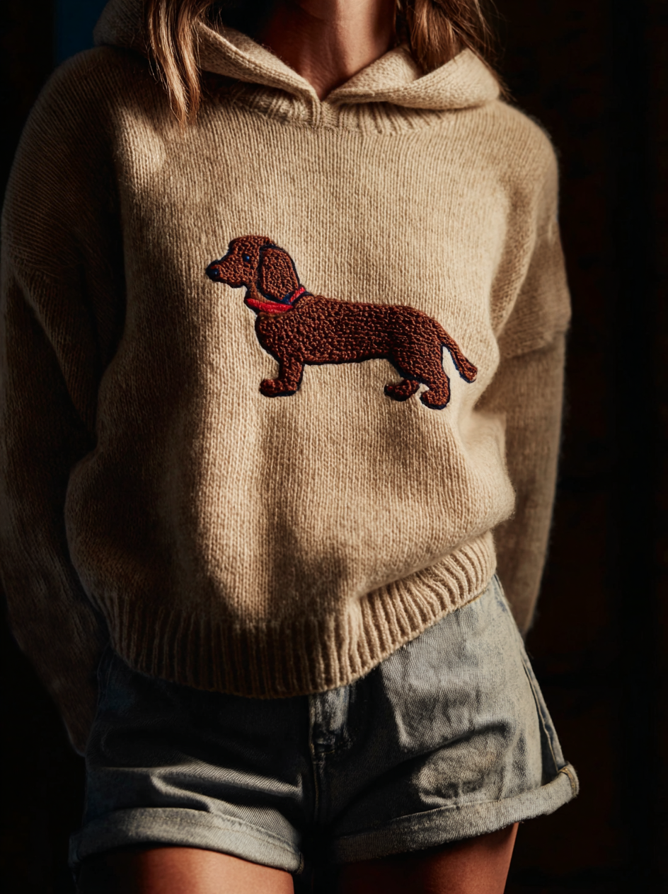 Classic Fuzzy Dachshund Dog Felt Cozy Knit Hooded Sweater elevenforest