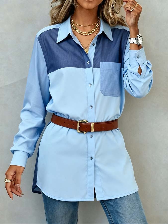 Women'S Casual Contrast Color Stitching Long Sleeve Shirt
