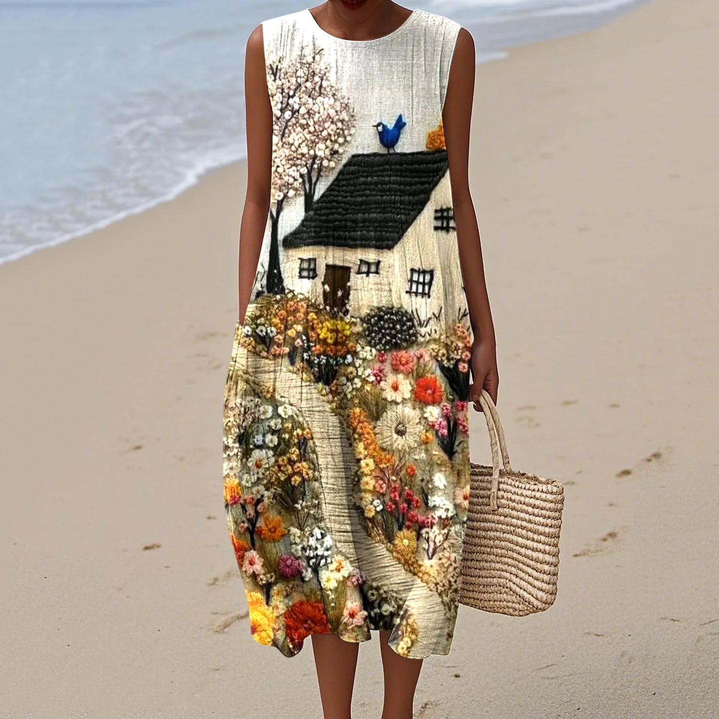 Vintage Loose Hometown Rural Farm Bird Art Sleeveless Cotton And Linen Tank Dress elevenforest