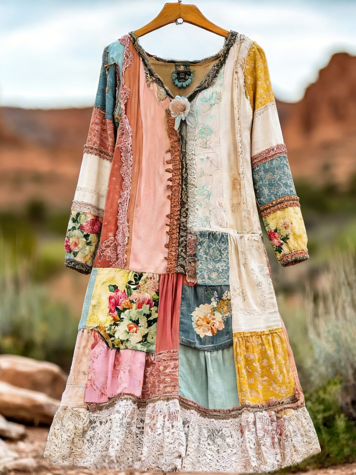 Women's Retro Bohemian Floral Casual V-neck Long Sleeve Dress elevenforest